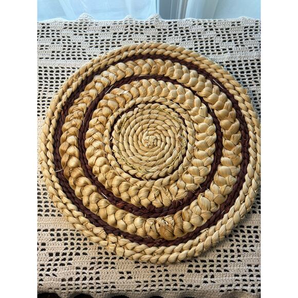 Vintage 12” Rattan Trivet Hot Pad Woven Raffia Pot Cross Stitch Duck Wall Art - Picture 6 of 7